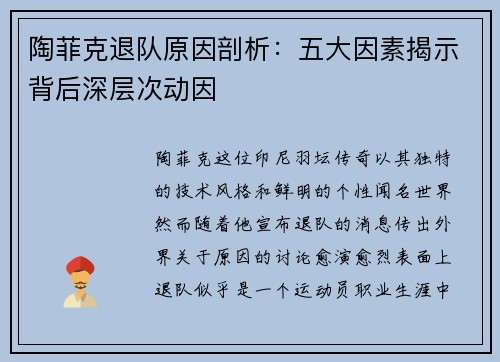 陶菲克退队原因剖析：五大因素揭示背后深层次动因