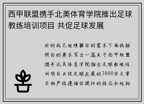 西甲联盟携手北美体育学院推出足球教练培训项目 共促足球发展