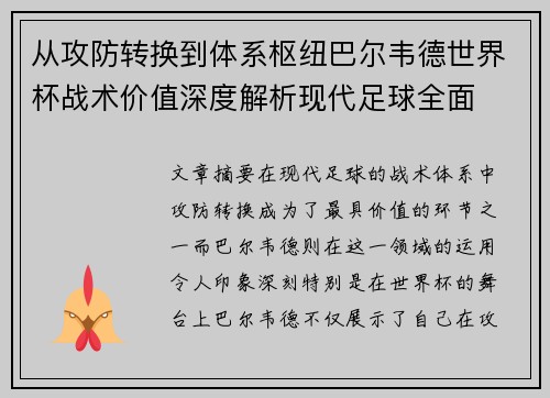 从攻防转换到体系枢纽巴尔韦德世界杯战术价值深度解析现代足球全面