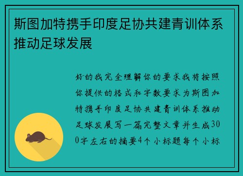 斯图加特携手印度足协共建青训体系推动足球发展